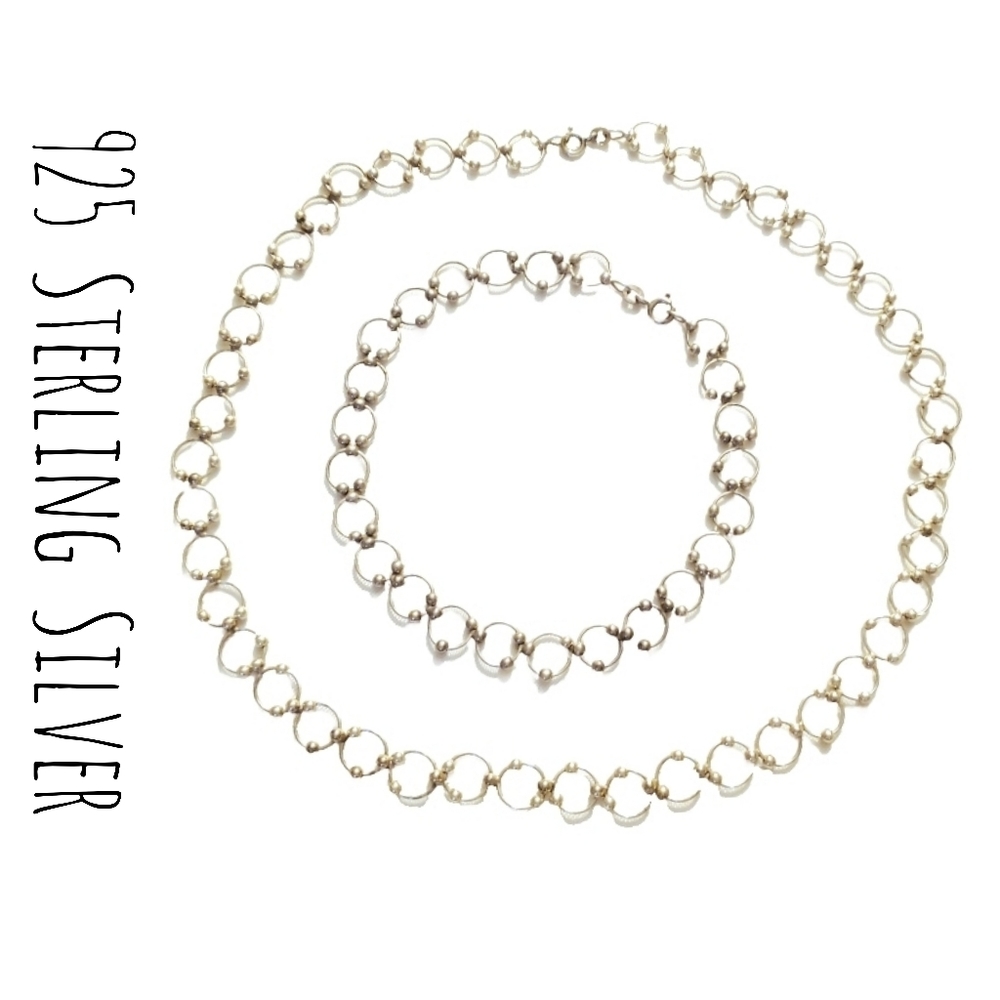 SET Beaded Ball 925 Sterling Silver Bracelet Necklace Circle Bali Design 10" 18"